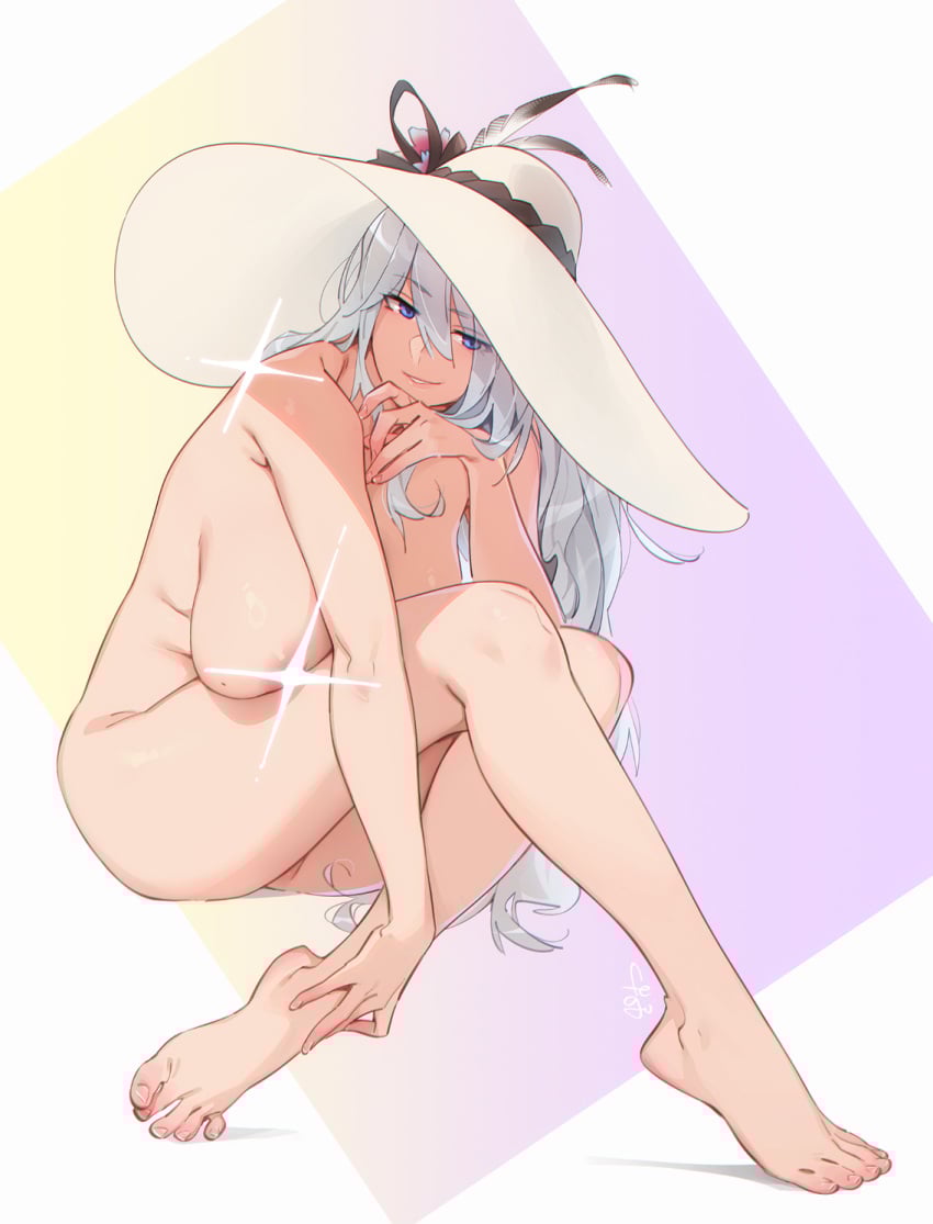 big_breasts censored feet feguruguru female grey_hair hat nude nude_female original_character sunhat
