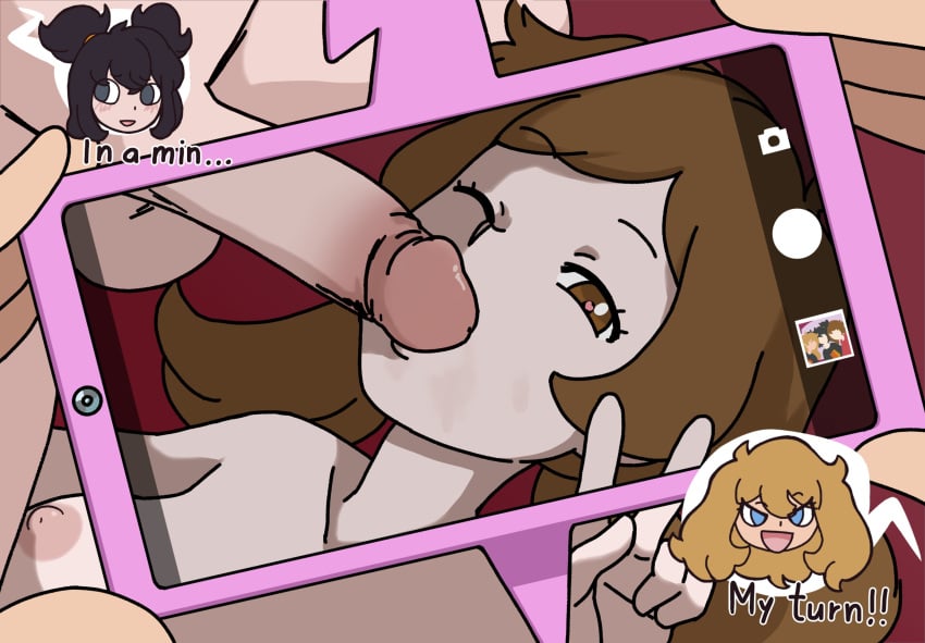 balls big_cock black_hair blonde_hair breasts brown_eyes brown_hair camera girlcock girldick grey_eyes heart_eyes lewdthealess lyra_(pokemon) nav_(halloween4) peace_sign penis pokemon serena_(pokemon) sucking_penis sucking_tip taking_picture threesome trans_woman transfem twintails wink
