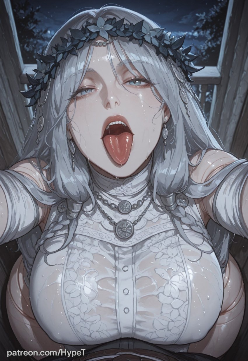 ai_generated alternate_version_at_source big_breasts breasts doll doll_joints dress elden_ring elden_ring_nightreign fantasy female flower_crown high-angle_view hips hypet long_hair revenant_(nightreign) shiny shiny_skin tagme thick thick_ass thick_legs thick_thighs thighs tongue tongue_out wet wet_body wet_clothes white_hair wide_hips
