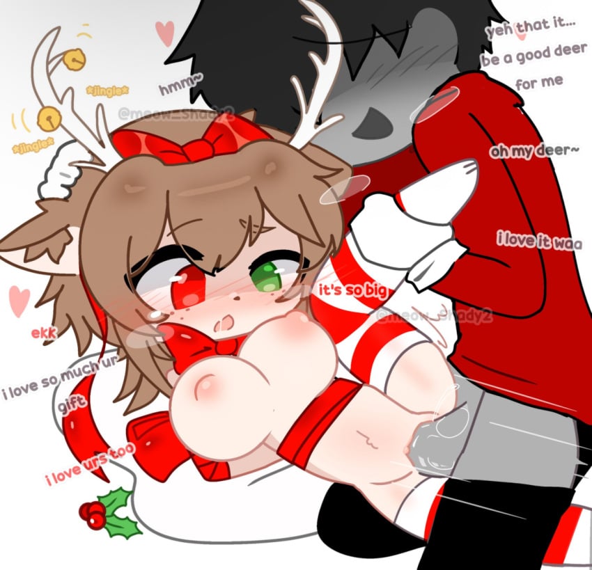 1boy 1girls antlers black_hair breasts brown_hair clothed_male_nude_female deer_girl dialogue faceless_male female freckles gacha heterochromia male meow_shady2 mistletoe partially_clothed ribbon sex text thighhighs vaginal_penetration vaginal_sex