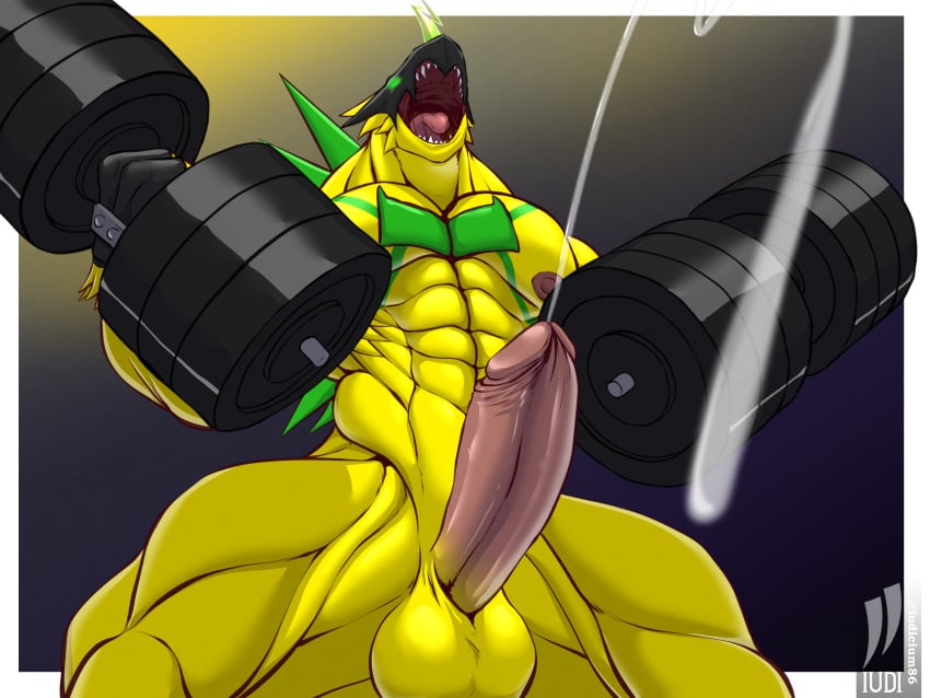 abs anthro bandai_namco bodily_fluids bulkmon cum digimon digimon_(species) dumbbell ejaculation foreskin genital_fluids genitals glowing glowing_eyes hi_res humanoid_genitalia iudicium86 low-angle_view male muscular nipples open_mouth orgasm orgasm_face penis retracted_foreskin solo uncircumcised weights