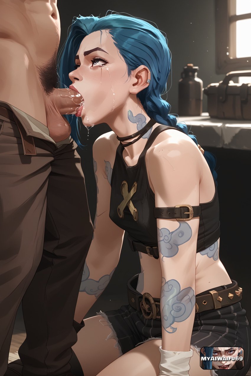 1boy, 1girl, absurd_res ai ai_art ai_generated arcane arcane_jinx bare_shoulders, belt, blowjob blowjob_face blue_hair, braid, breasts, fellatio, gloves, green_hair, hetero, hi_res high_quality high_resolution highres kneeling, league_of_legends long_hair, male_pubic_hair, medium_breasts, myaiwaifu69 oral, penis, pubic_hair, riot_games shorts, sitting, sitting_on_floor small_breasts, solo_focus, tattoo, tears tears, uncensored