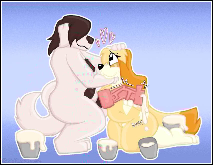 anthro black_border blonde_hair bodily_fluids border brown_hair bucket canid canine canis container cum cum_drip cum_in_bucket cum_in_container dialogue domestic_dog dripping duo excessive_cum excessive_genital_fluids female genital_fluids genitals hair hair_over_eye heart_symbol holding_head holding_penis knot knotted_penis male male/female mammal penis zoyeensadart