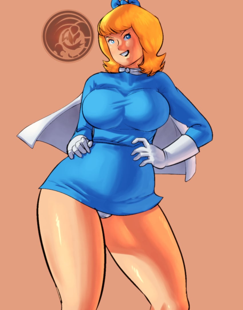 1girls biesiuss blonde_hair blue_eyes boots cape capitana_galaxia dragonfetus female gloves hair_ribbon hand_on_hip huge_breasts human panties pose smile superheroine zor_y_los_invencibles