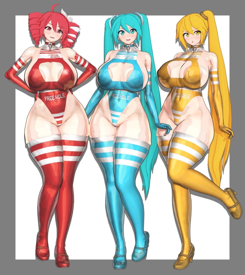 3d 3girls ahoge akita_neru areola_slip areolae armwear big_breasts bikini blue_eyes blue_hair breasts breasts_bigger_than_head cleavage cleavage_cutout curvaceous curvy curvy_female curvy_figure fanloid female female_only gigantic_breasts gloves hair_ornament hairbow hatsune_miku heels holding_object huge_breasts idohori_people kasane_teto kasane_teto_(sv) large_breasts leotard lollipop looking_at_viewer massive_breasts micro_bikini navel navel_visible_through_clothes necktie necktie_between_breasts open_mouth ponytail red_eyes red_hair sideboob smile striped_bikini synthesizer_v thick_thighs thighhighs thighs twin_drills twintails utau vocaloid voluptuous voluptuous_female white_background wide_hips yellow_eyes yellow_hair