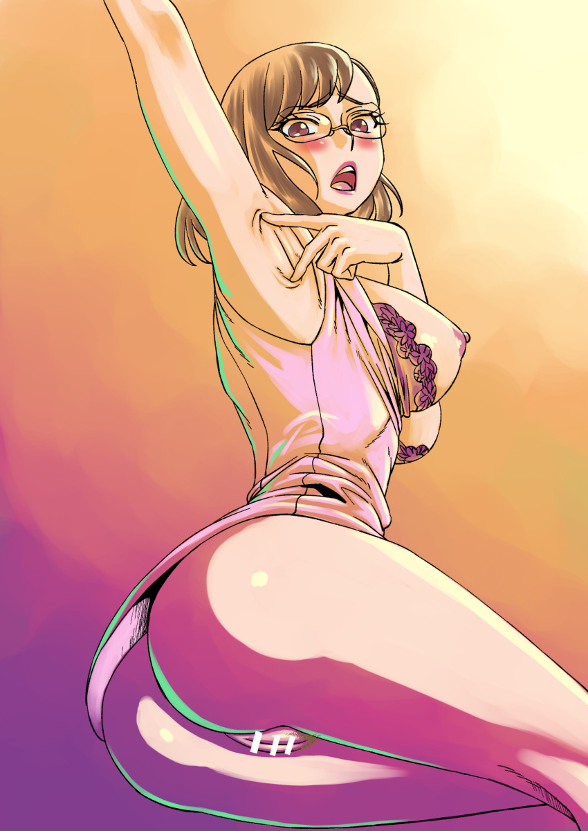 armpits ass bar_censor blush bottomless bra bra_pull breasts breasts_out brown_hair censored clothes_pull clothing female glasses highres large_breasts lips lipstick looking_at_viewer makeup matsuda_shin nipples open_mouth precure pretty_cure pubic_hair purple_eyes pussy red_lips sakuragawa_saki shirt sideboob simple_background sleeveless sleeveless_shirt solo spread_armpit teacher teeth tropical-rouge!_precure underwear upper_teeth