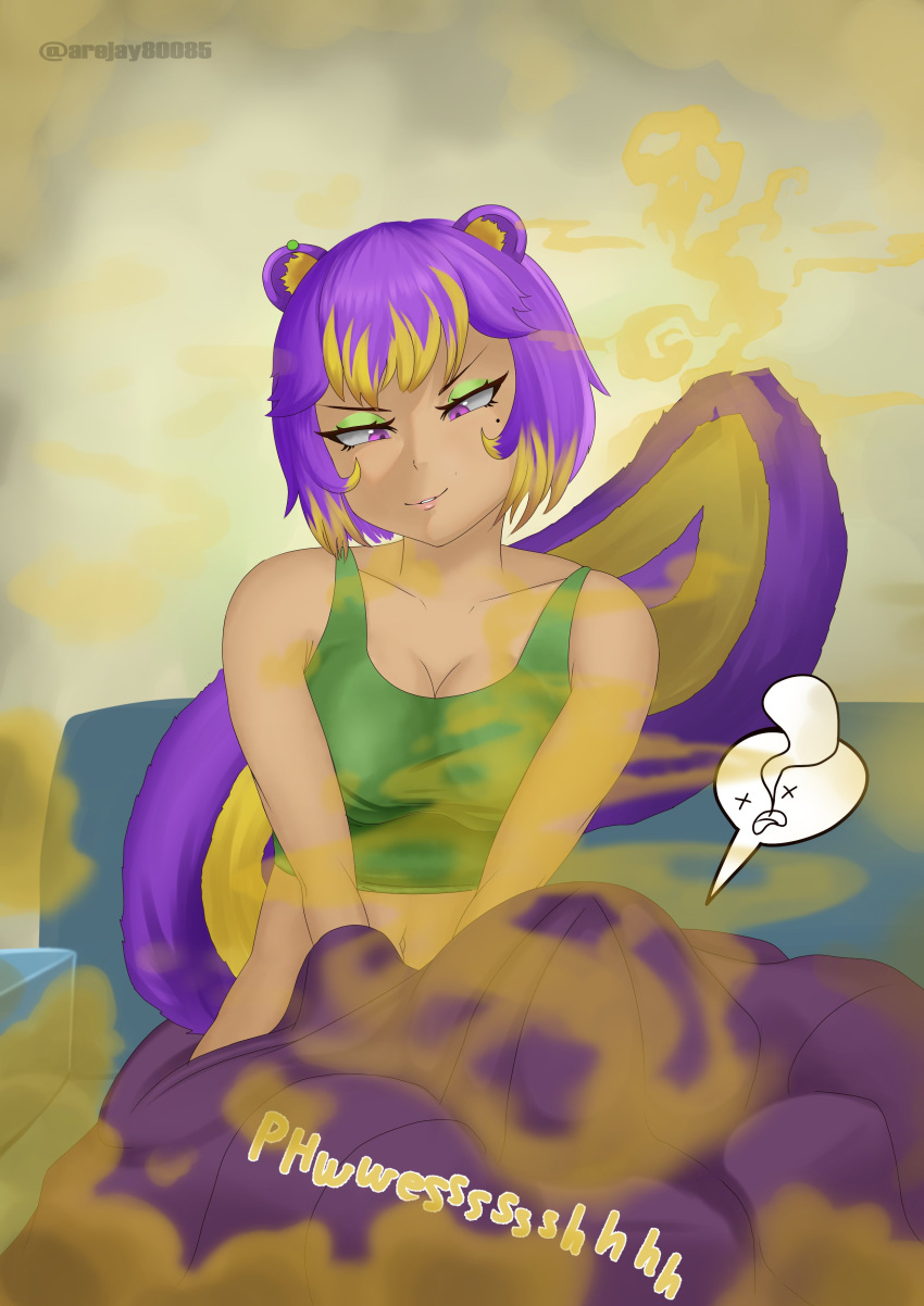 2girls animal_ears arejay blanket dutch_oven fart fart_cloud fart_fetish farting green_bra looking_down misty_(arejay) mole mole_under_eye multicolored_hair purple_eyes purple_hair short_hair shoulder_length_hair skunk_girl skunk_tail smile tail yellow_hair yuri