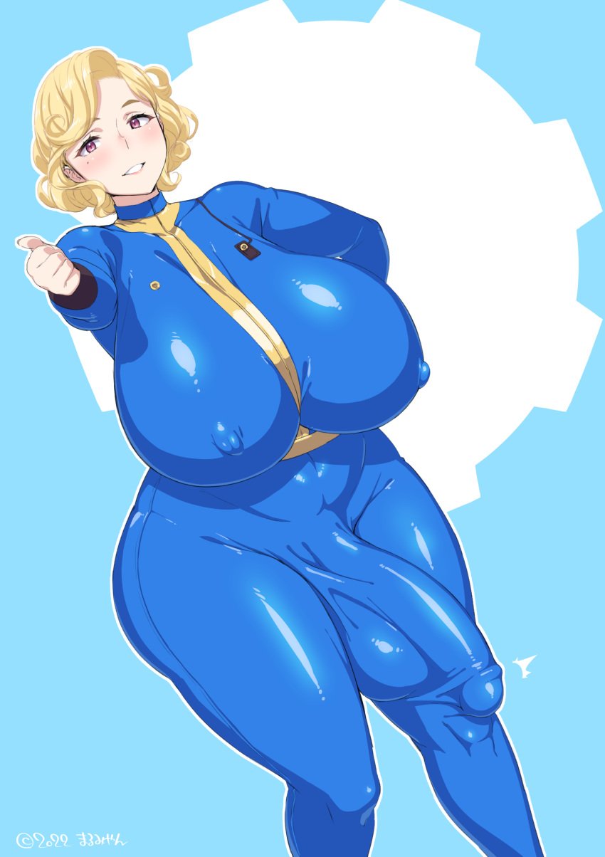 1futa 2022 areolae balls big_breasts big_penis blonde_hair bodysuit breasts bulge bulge_down_leg bulge_through_clothing clothed clothing curly_hair curvy fallout flaccid full_body fully_clothed futa_only futanari higher_resolution_duplicate huge_balls huge_breasts huge_cock human intersex jumpsuit light-skinned_futanari light_skin looking_at_viewer mature_futa nipple_bulge nipples pale-skinned_futanari pale_skin penis penis_outline short_hair solo standing thick_thighs thumbs_up uno_makoto vault_girl vault_suit venus_body wide_hips