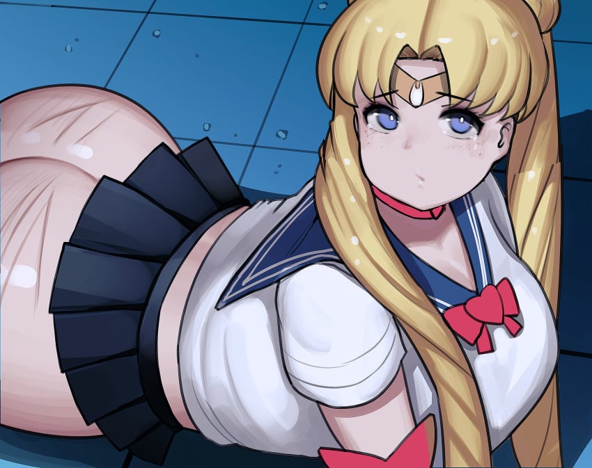 ass bbw bishoujo_senshi_sailor_moon blonde_hair blue_eyes bottomless bottomless_skirt bubble_butt choker clothing fat gloves huge_ass large_breasts meme mmmmmkun plump ribbon sailor_moon sailor_moon_redraw_challenge shirt skirt tears tiara twintails upskirt usagi_tsukino whip_marks