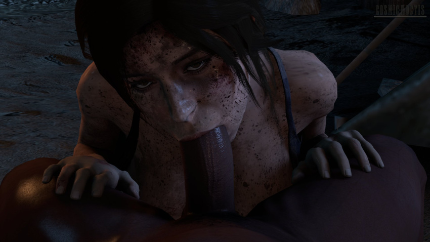 1boy 1girls 3d big_penis blender blowjob blowjob_face brown_hair clothed clothing cosmicnoctis dark-skinned_male dark_skin dirt dirty duo erection faceless_character faceless_male female female_focus interracial lara_croft lara_croft_(survivor) light-skinned_female light_skin looking_at_viewer male male/female nude nude_male on_knees oral oral_sex penis shirt sitting spread_legs sucking sucking_penis tank_top tomb_raider tomb_raider_(survivor) watermark