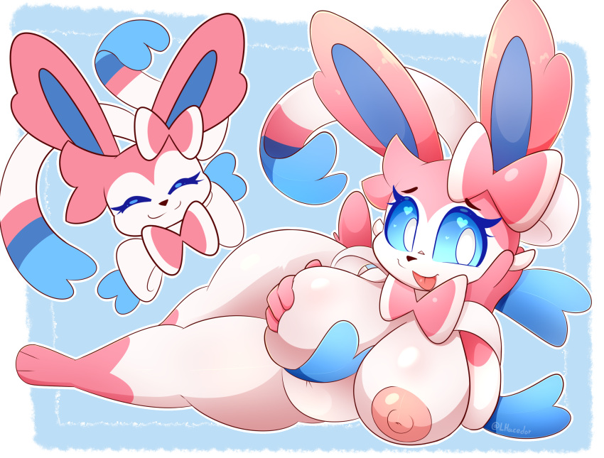 anthro belly blue_sclera bow_ribbon breast_squish breasts cheek_tuft closed_eyes cute_expression eeveelution facial_tuft female generation_6_pokemon hand_on_breast hand_on_cheek happy heart hi_res lhacedor looking_at_viewer lying multicolored_body navel nintendo nipples pink_nipples pokémon_(species) pokemon pokemon_(species) short_stack shortstack slightly_chubby smile solo squish sylveon thick_thighs tongue tongue_out tuft video_games white_eyes wide_hips