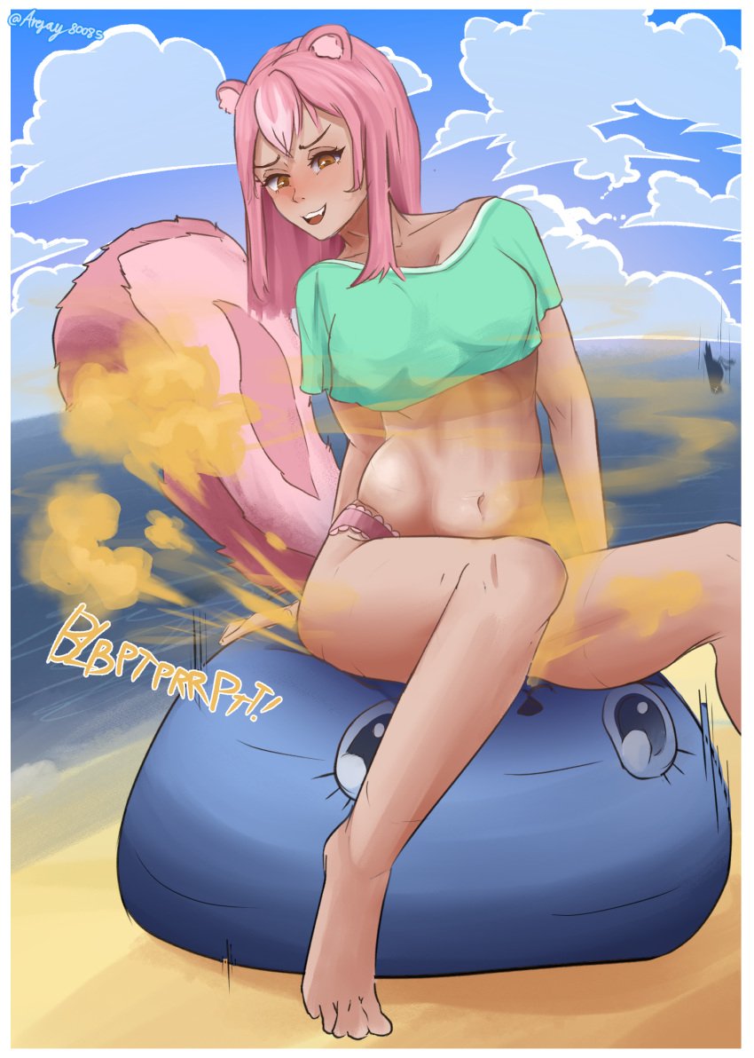 1girls animal_ears arejay beach cynthia_(raki991) fart fart_cloud fart_fetish farting open_mouth orange_eyes panties pink_hair pink_panties pool_toy shoulder_length_hair sitting skunk_girl skunk_tail smile solo_female tail water white_border