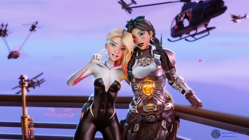 16:9_aspect_ratio 2022 2girls 3d airplane arm_tattoo armor armored_boots armored_gloves armour black_hair black_lipstick blender_(software) blimp blonde_hair blue_eyes blush bodysuit braces chest_tattoo clothing dirigible earrings face_painting female fingernails fit fit_female fortnite gun gwen_stacy gwen_stacy_(spider-verse) hand_on_hip happy helicopter high_resolution hugging humanoid jewelry jules_(fortnite) knight leg_tattoo legs light-skinned lipstick makeup marvel marvel_comics military military_vehicle nail_polish nipples_visible_through_clothing nose_piercing outdoors peace_sign piercing pubic_tattoo reikoboy rifle scrapknight_jules_(fortnite) shiny shiny_skin shoulder_tattoo skin_tight skintight slim slim_waist sniper_rifle spider-gwen spider-man_(series) stomach_tattoo suit tank tattoo uni_reiko_(artist) uniofalltrades v v_sign vehicle weapon