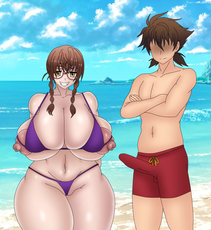 1boy beach big_ass big_breasts big_penis bikini brown_hair chimeraindura eyeless_male high_school_dxd huge_ass huge_breasts hyoudou_issei imminent_sex kiryuu_aika leo008 twintails venus_body