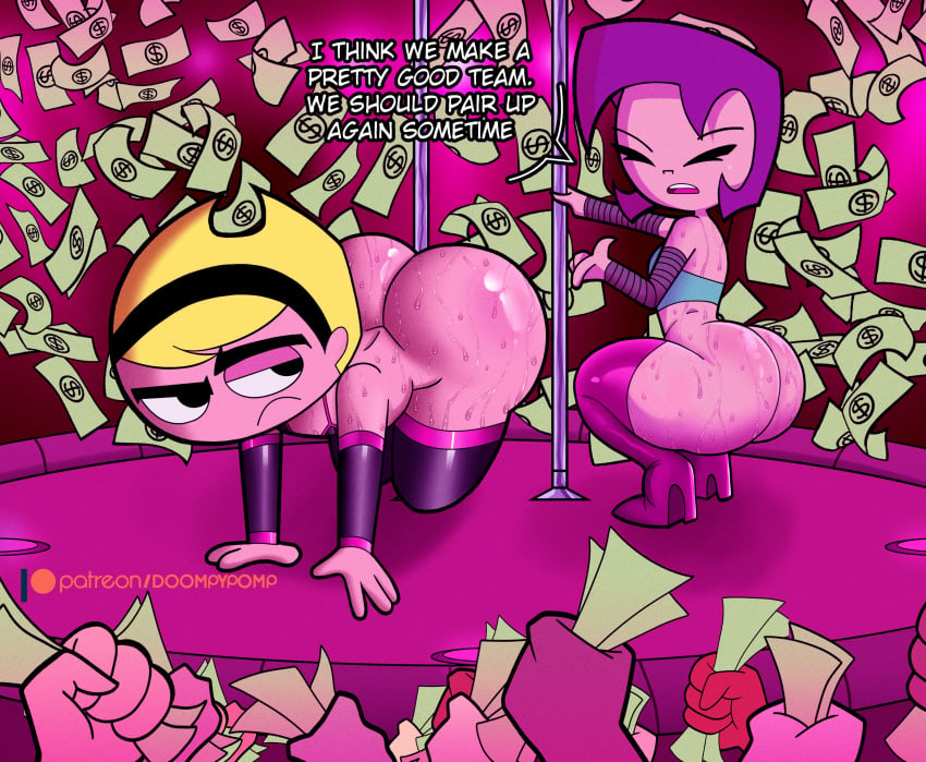 2girls :( all_fours ass banknote bare_shoulders bikini_top_only black_hairband blonde_hair bottom_heavy bottomless_female cartoon_network crossover detached_sleeves dollar_bills dollar_sign doompypomp duo_focus english_text eye_contact female_focus flat_chest full_body gaz_membrane hartman_hips high_heel_boots huge_ass invader_zim make_it_rain male_hand mandy_(billy_and_mandy) micro_bikini_top money nickelodeon on_stage pink_skin purple_hair purple_sleeves purple_thighhighs short_hair small_breasts squatting stage striped_sleeves stripper stripper_pole sweating_profusely the_grim_adventures_of_billy_and_mandy thick_thighs thighhighs throwing_money tubetop young