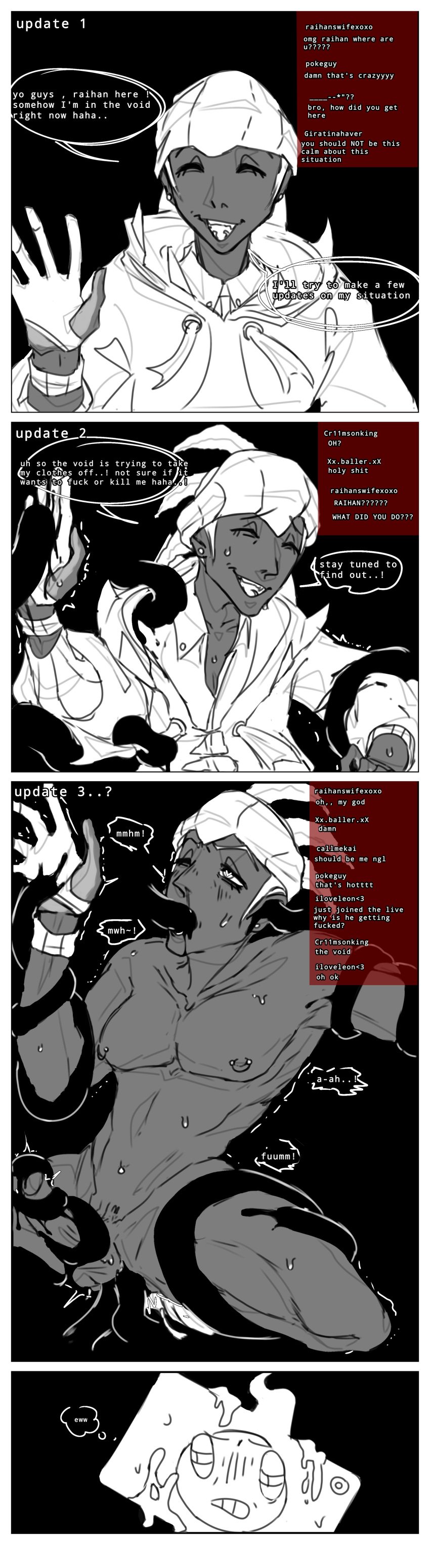 anal beanie big_man_boobs big_pecs black_background black_cum black_tentacles blush comic cum_covered_phone cute_male dark-skinned_male dark_skin dialogue digital_media_(artwork) dreadlocks ear_piercing earrings english_text erection eyebrows_visible_through_hair eyelashes filming fucked_silly gloves greyscale hat heart-shaped_pupils hoodie idk_anymore_man im_madly_in_love_him male male_focus male_getting_his_ass_pounded male_only male_penetrated nervous_smile nervous_sweat nipple_piercing no_color penetration penis phone piercing piercings pokemon pokemon_ss prostate_getting_hit_too questionable_consent raihan_(pokemon) restrained shaking sharp_teeth short_hair slightly_ripped_clothes smile solo speech_bubble spread_legs stickysight struggling sweat teeth tentacle tentacle_monster tentacle_on_male tentacle_penetration tentacle_sex testicles text thighs tongue tongue_out wide_hips yaoi