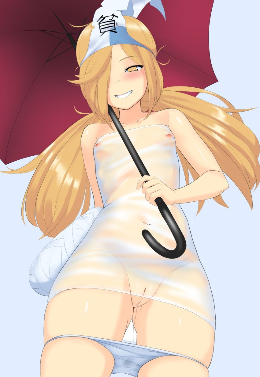 binbougami_ga! blonde_hair cast flashing from_below functionally_nude long_hair momiji_(binbougami_ga!) nipples panties partially_clothed pussy small_breasts smug solo_focus tight_clothing toniwing tubetop twintails umbrella wet wet_clothes