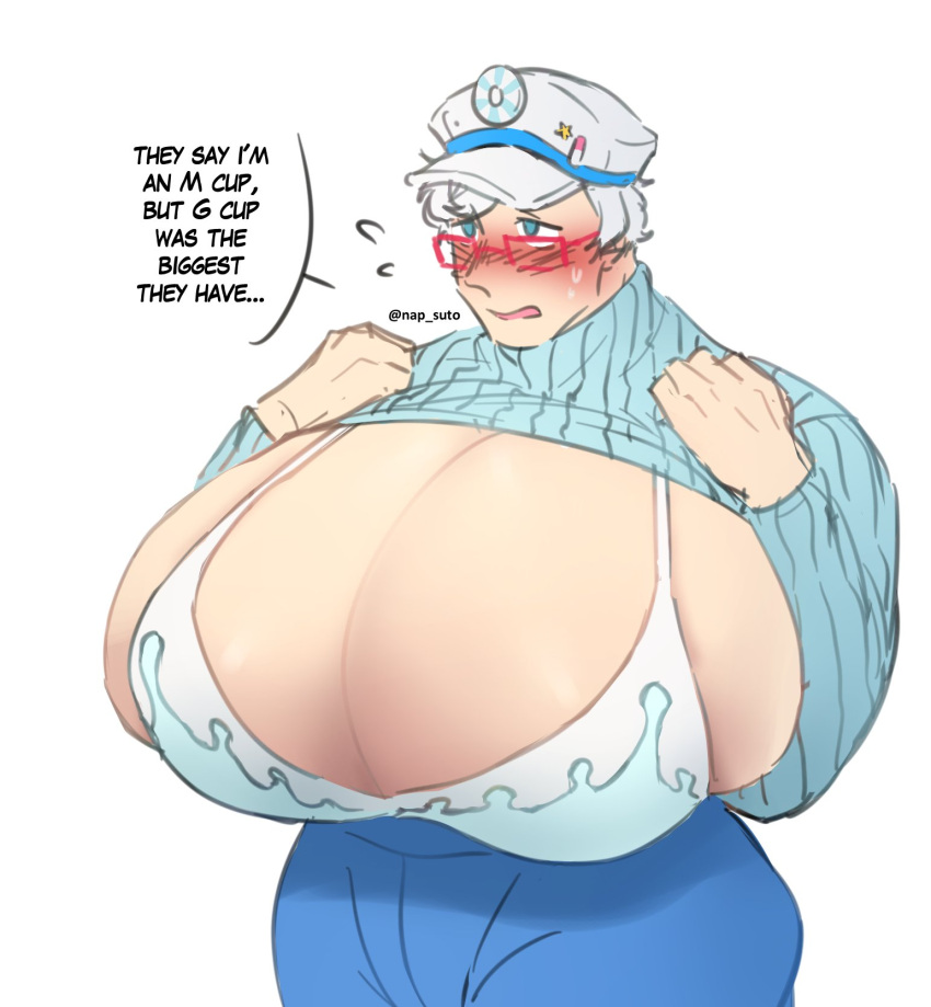 blush bra breast_expansion breast_growth cookie_run doctor embarrassed glasses huge_breasts ill-fitting_clothes male male_breasts male_only male_tits male_with_breasts milk_cookie napsuto sweater turtleneck underwear white_hair