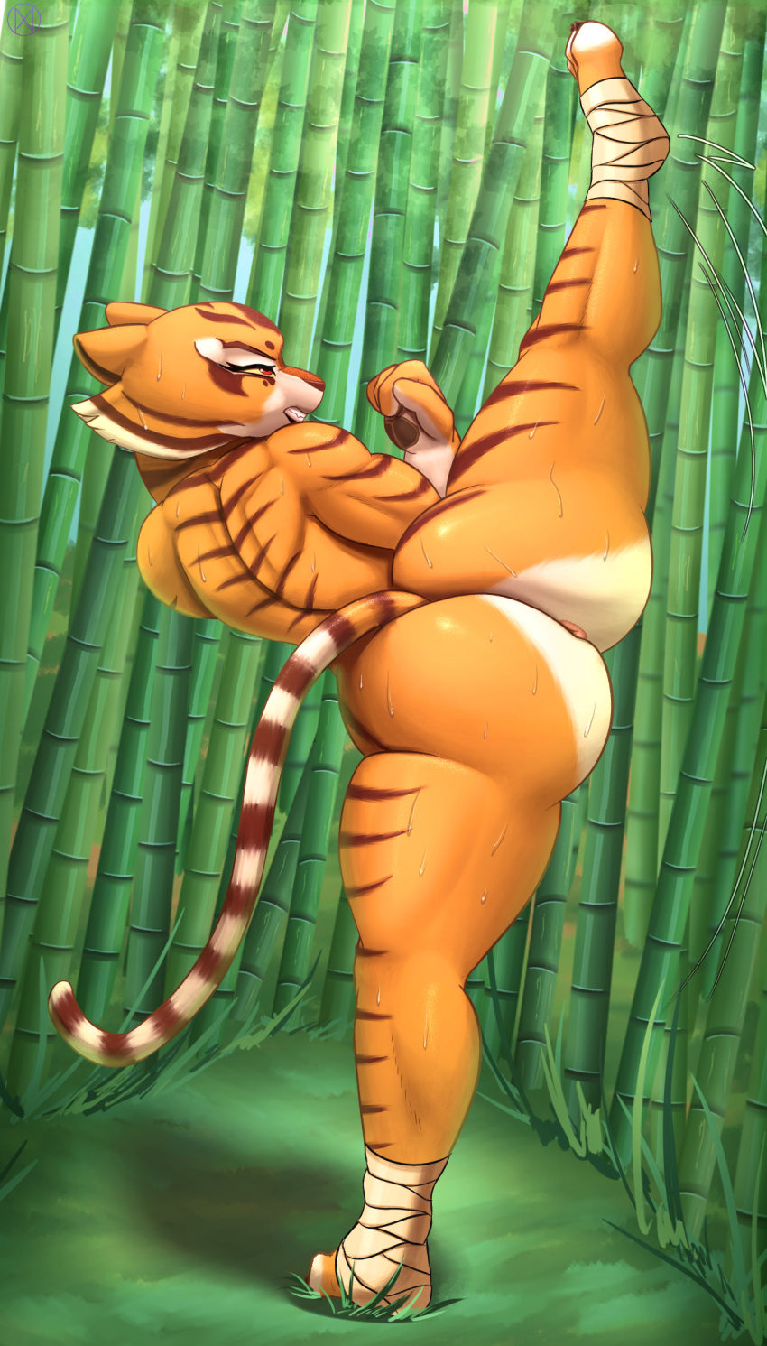 1girls action_pose anthro anus ass back back_view bamboo bamboo_forest biceps big_ass calves clenched_hand clenched_teeth completely_nude dreamworks exercise eyelashes face_markings feet feline female foot_wraps footwear forest forest_background from_behind full_body fur fur_markings furry hi_res high_kick huge_ass kicking kung_fu_panda large_ass leg_up legs_apart master_tigress multicolored_fur muscular_arms muscular_female muscular_legs muscular_thighs naked narrowed_eyes nexcoyotlgt nude nude_female orange_fur outdoors pawpads paws pose posing raised_leg rear_view red_eyes solo spread_legs standing striped_fur stripes sweat sweatdrop sweating sweaty sweaty_body sweaty_butt sweaty_thighs tail thick_thighs thighs tiger toes training white_fur wide_hips yellow_sclera