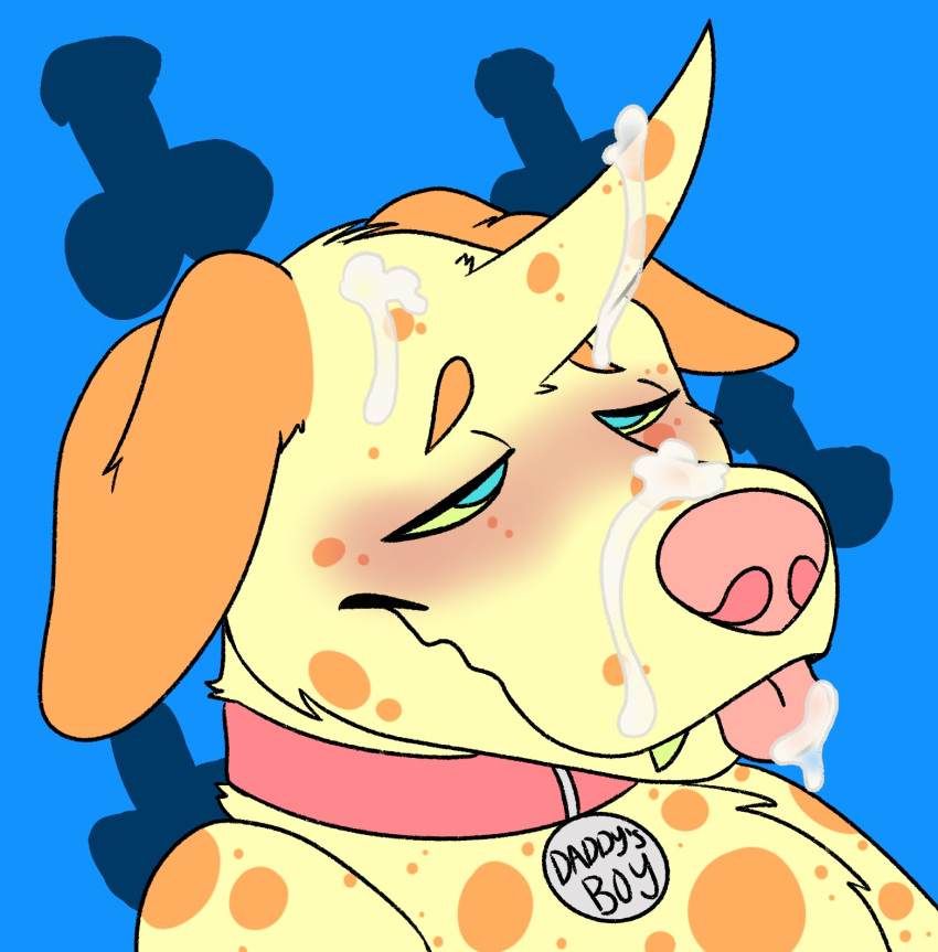 anthro blush bodily_fluids canid canine canis choker collar cum cum_drip cum_on_face daddy_collar daddy_kink dalmatian domestic_dog dripping genital_fluids hi_res hybrid male male_only mammal rattdawg solo unidog