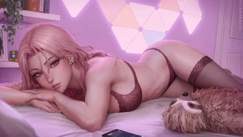 1girls big_breasts bra chloe_(sciamano240) female female_only freckles hartman_hips hi_res lingerie lingerie_only looking_at_viewer mirco_cabbia oc original original_character panties pink_eyes pink_hair sciamano240 solo solo_female solo_focus stockings thighs underwear wide_hips