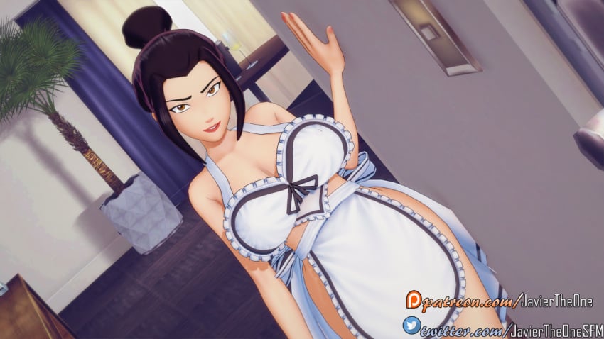 3d apron apron_only avatar_the_last_airbender azula bare_arms bare_shoulders cleavage feet_out_of_frame female female_focus female_only hairbun indoors javiertheone koikatsu large_breasts looking_at_viewer naked_apron patreon_username sidelocks smile smiling solo solo_female solo_focus tied_hair twitter_username yellow_eyes