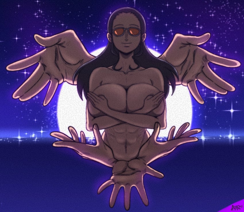 big_breasts breasts d-art dark_hair female female_only glasses hana_hana_no_mi hands long_hair moon moonlight nico_robin one_piece post-timeskip scenery smile smiling_at_viewer view