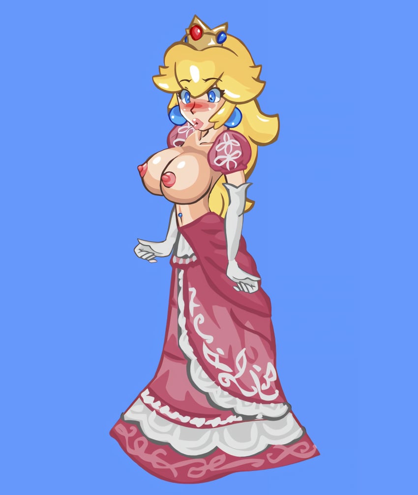 1girls alternate_costume big_breasts blonde_hair blue_eyes blush breasts busty cleavage female female_only gloves hi_res huge_breasts lipstick long_hair makeup mario_(series) navel navel_piercing nintendo nipples peach's_untold_tale piercing pink_lips pink_lipstick playshapes princess princess_peach puckered_lips solo topless