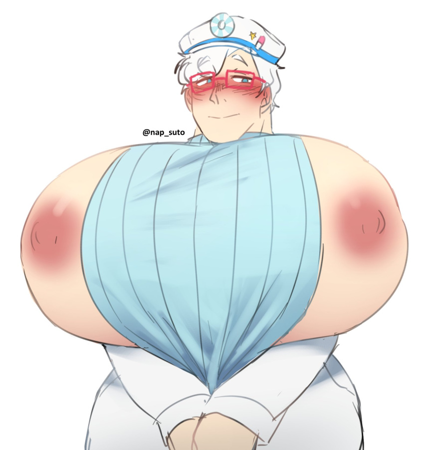 big_breasts big_nipples blush breasts_outside busty_boy cookie_run doctor dr._milk_(napsuto) glasses huge_breasts lab_coat male male_only milk_cookie napsuto pressing_breasts_together sweater turtleneck white_hair