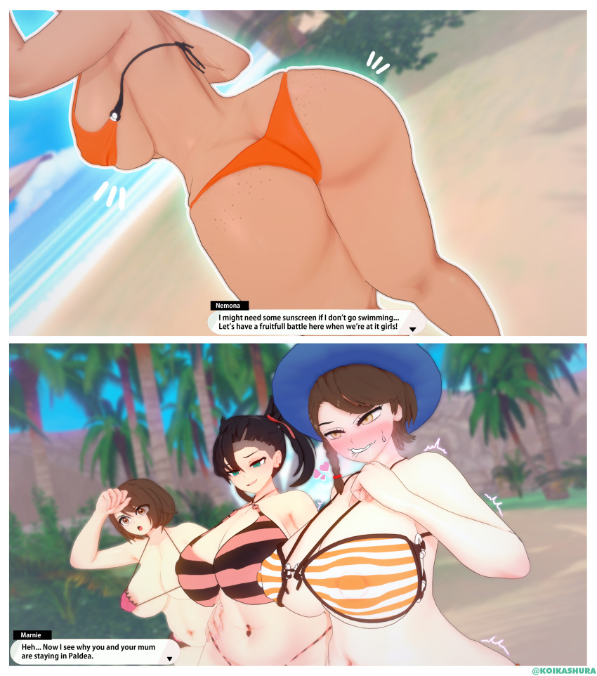 3d 4girls alternate_ass_size alternate_body_type alternate_breast_size armpits ass beach big_ass big_breasts big_butt bikini biting_lip blush breasts busty curvaceous curvy curvy_body curvy_female curvy_figure english_text female female_only freckles_on_ass game_freak gloria_(pokemon) horny huge_breasts huge_butt juliana_(pokemon) koikashura large_breasts lesbian marnie_(pokemon) multiple_girls naughty_face nemona_(pokemon) nintendo plump plump_ass pokemon pokemon_ss pokemon_sv text thick_thighs thighs voluptuous yuri