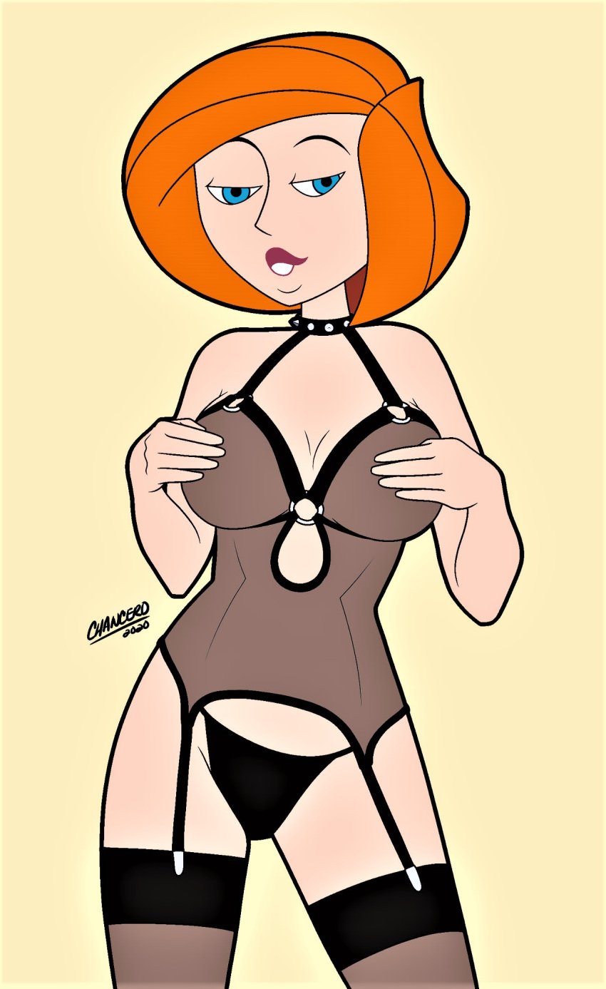 1girls ann_possible black_lingerie black_stockings black_thong blue_eyes chancero chemise choker cleavage disney disney_channel female garter_straps kim_possible large_breasts lingerie medium_hair red_hair redhead sheer sheer_clothing solo solo_female stockings straight_hair studded_choker thong