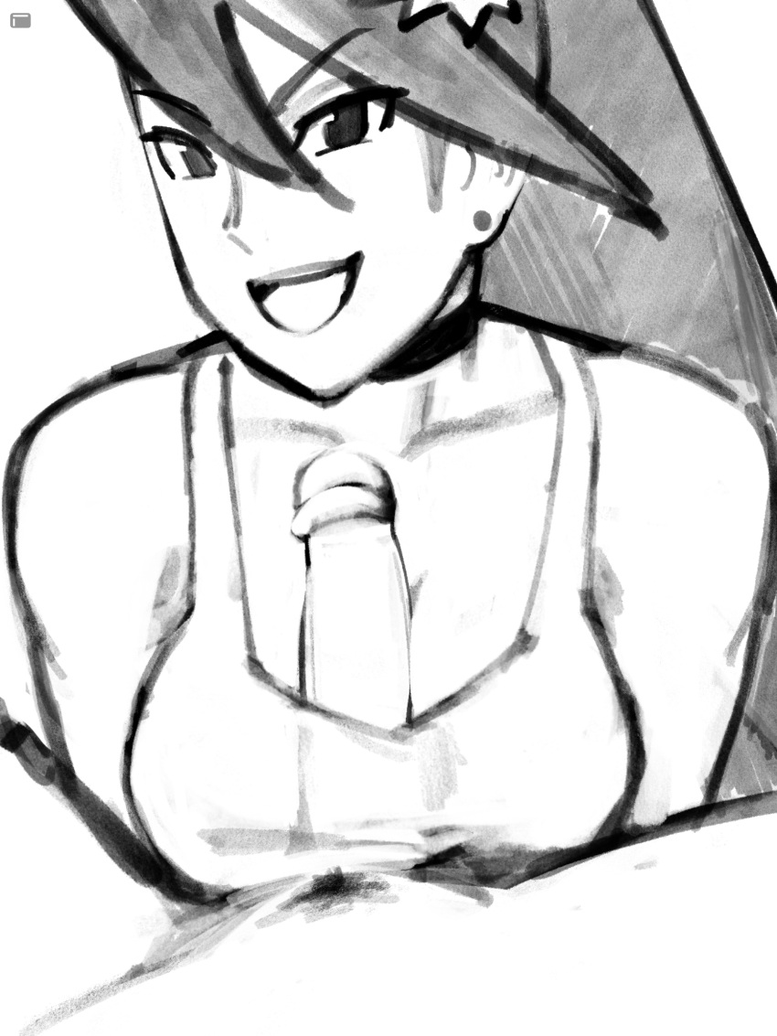 1boy 1girls 2021 big_breasts big_penis breasts capcom clothed_female clothed_paizuri lewdnobu long_hair looking_at_viewer mega_man mega_man_battle_network monochrome nude_male open_mouth paizuri penis penis_between_breasts sketch smiling_at_viewer tamako_shiraizumi titfuck_under_clothes titjob top