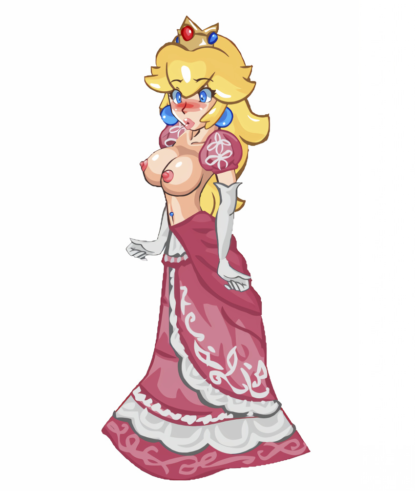 1girls alternate_costume big_breasts blonde_hair blue_eyes blush breasts busty cleavage female female_only gloves highres large_breasts lipstick long_hair makeup mario_(series) navel navel_piercing nintendo nipples peach's_untold_tale piercing pink_lips playshapes princess princess_peach puckered_lips solo topless