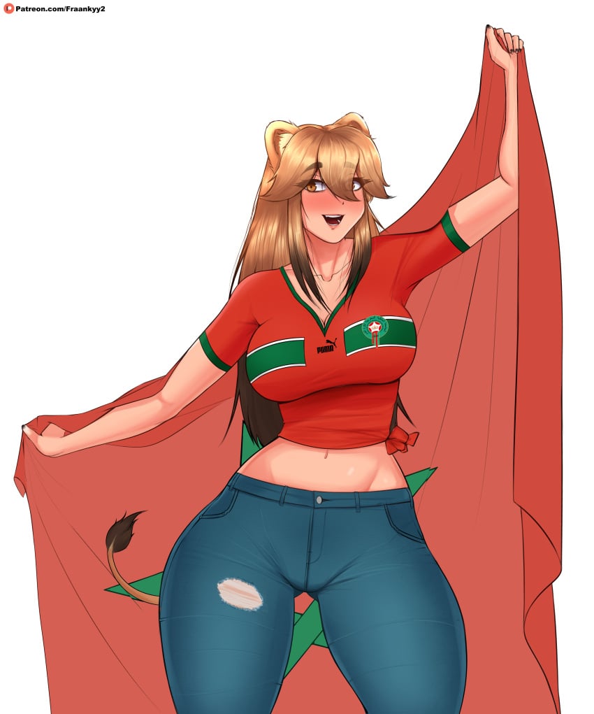 2022_fifa_world_cup animal_ears armpits black_nails breasts brown_eyes brown_hair fifa flag football_uniform fraankyy happy jeans jersey large_breasts lion lion_ears lion_girl looking_at_viewer morocco multicolored_hair oerba_yun_fang open_mouth original red_shirt smile soccer soccer_uniform solo star tail thick thick_thighs thighs wide_hips world_cup