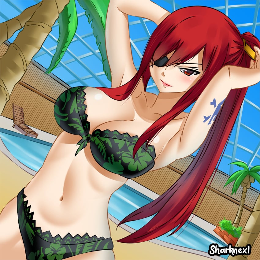 1girls alternate_version_available big_boobs big_breasts bikini boobs breasts edens_zero elsie_crimson eye_patch hair_ornament hands_behind_back hands_behind_head long_hair ponytail pool poolside red_hair ribbon ribbon_in_hair sharknex solo swimsuit swimwear tagme tattoo tattooed_arm