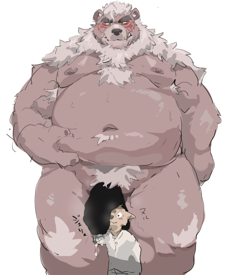 2022 anthro balls belly big_belly canid canine censored clothing duo gay genitals hi_res iwbsb_kuma kemono kimun_kamui_(tokyo_afterschool_summoners) lifewonders male male_only mammal moobs navel nipples overweight overweight_male penis shirt simple_background size_difference tokyo_afterschool_summoners topwear ursid video_games yaoi