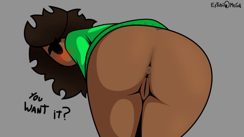 1girls anus ass blush brown_body dark_hair estudiomega female green_coat kambeenie legs long_hair pussy text toony_eyes