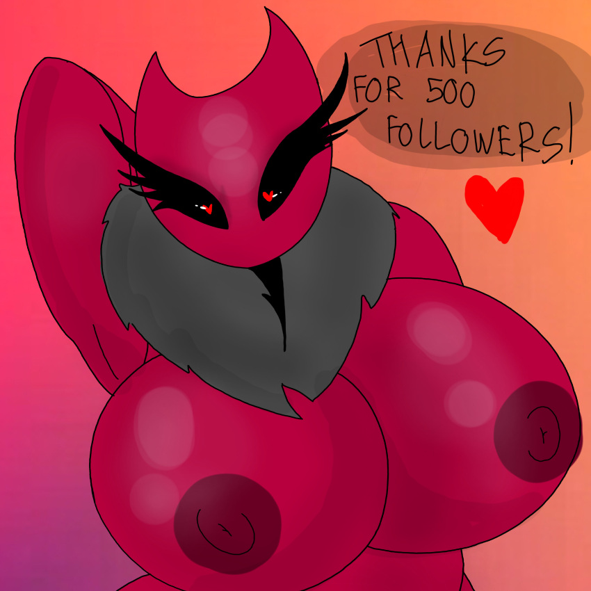 anthro anthro_only big_breasts black_sclera breasts english english_text heart heart-shaped_pupils insect_girl insect_humanoid insects large_breasts looking_at_viewer milestone_celebration nipples plapjax raspberry_(plapjax) text