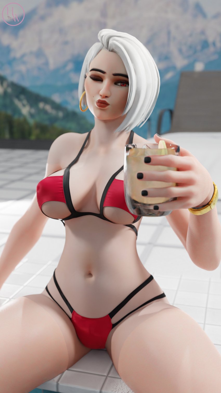 3d ashe_(overwatch) bikini blinking blizzard_entertainment breasts cheers drinking hornywitches3d kissing overwatch silver_hair swimming_pool