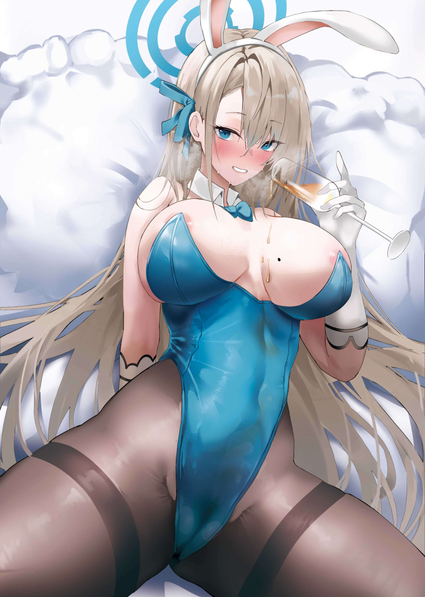 asuna_(blue_archive) asuna_(bunny)_(blue_archive) asuna_(bunny_girl)_(blue_archive) bare_shoulders blonde_hair blue_archive blue_eyes blush brown_pantyhose bunny_ears bunny_girl bunnysuit cleavage drink_on_breasts female_only hair_between_eyes holding_drink large_breasts light_brown_hair long_hair looking_at_viewer mole_on_breast nipples no_bra pantyhose playboy_bunny solo_focus spread_legs thick_thighs thighs white_gloves wide_hips