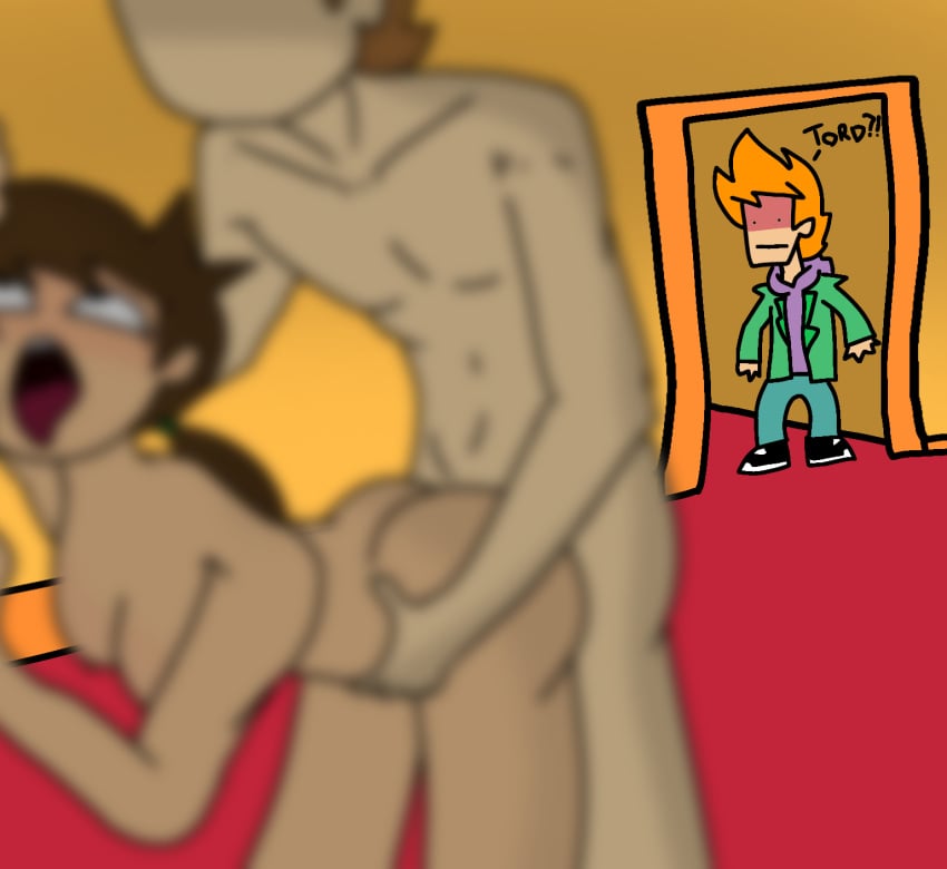 1boy 1girls background big_ass blurry_foreground brown_hair eddsworld ell_(eddsworld) ellsworld hetero matt_(eddsworld) naked tagme text tord_(eddsworld)