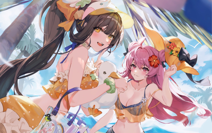 2girls bad_link beach breasts eternal_tree hat highres kuuus multiple_girls official_art pink_eyes pink_hair summer swimsuit yellow_eyes