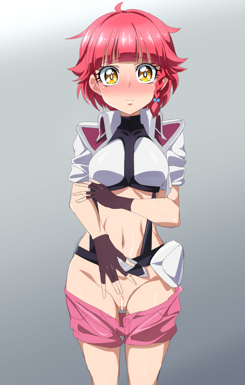 absurdres bar_censor blush braid brown_gloves censored commission cross_ange female fingerless_gloves gloves grey_background groin highres looking_at_viewer navel oimanji pink_shorts pussy red_hair shorts side_braid simple_background skeb_commission solo vivian_(cross_ange) yellow_eyes