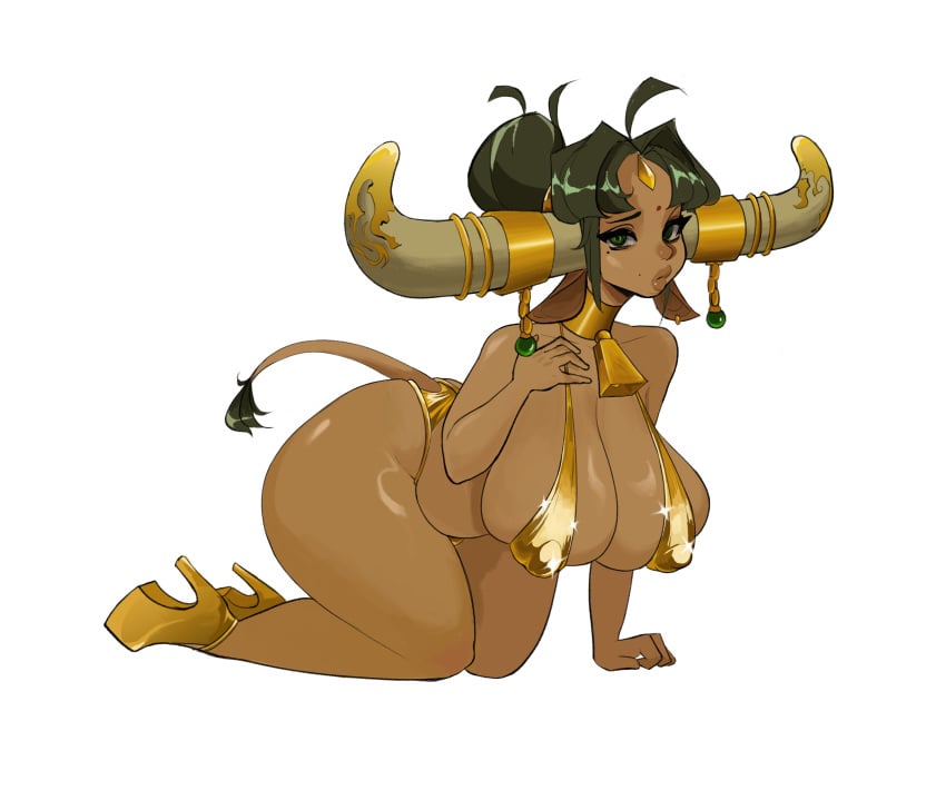 1girls 2022 absurd_res ahoge all_fours big_breasts big_horns bikini black_hair bobbybuttbuck cow_ears cow_girl cow_horns cow_tail dark-skinned_female dark_skin female female_only green_eyes heels horn_ornament horns jewelry leaning_on_hand looking_at_viewer nipple_bulge original solo tail tail_tuft thick_thighs tied_hair white_background