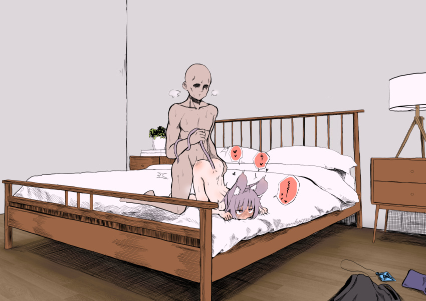 1boy absurdres animal_ears bald bangs bed blush clothes_removed commentary_request completely_nude drawer faceless faceless_male female full_body ginger_ale_(syouga_6383) grey_hair hair_between_eyes heart highres indoors lamp mouse_ears mouse_girl mouse_tail nazrin nude plant potted_plant sex short_hair straight tail top-down_bottom-up touhou