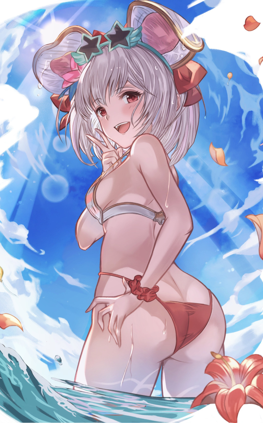 animal_ears arutoria_(187497382) ass bangs bikini blue_sky blush bob_cut breasts clothing cloud day eyewear_on_head fake_animal_ears female flower from_behind granblue_fantasy hand_on_hip high_resolution huge_ass looking_at_viewer looking_back medium_breasts mouse_ears ocean open_mouth outdoors partially_submerged red_bikini red_eyes red_swimsuit scrunchie short_hair sideboob sky smile solo standing star-shaped_eyewear striped striped_bikini striped_swimsuit sunglasses swimsuit v very_high_resolution vikala vikala_(blooming_summer_wallflower)_(granblue_fantasy) vikala_(granblue_fantasy) wading water wet white_hair wrist_scrunchie