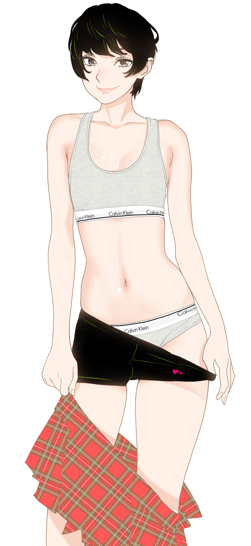 black_hair calvin_klein clothed kishi_torajiro short_hair skirt small_breasts smile sports_bra tomboy underwear undressing very_short_hair white_background