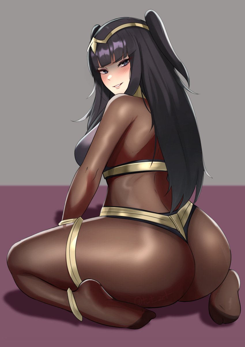 1girls ass ass_focus bangs black_eyes black_hair blunt_bangs blush bodystocking breasts commentary english_commentary female female_only fire_emblem fire_emblem_awakening full_bodystocking grin hair_ornament higher_resolution_duplicate highres jewelry large_ass large_breasts long_hair looking_at_viewer nintendo png sitting skin_tight smile solo tharja_(fire_emblem) tiara two_side_up wariza zet_(twt_zet)