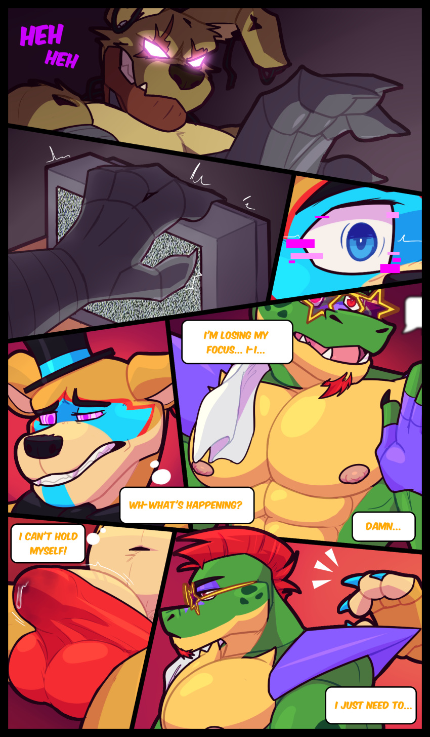 2022 absurd_res alligator alligatorid anthro bear beard bodily_fluids boner bulge burntrap churrosolixoso clothing comic crocodilian english_text erection eyewear facial_hair five_nights_at_freddy's five_nights_at_freddy's:_security_breach five_nights_at_freddy's_3 genital_fluids glamrock_freddy_(fnaf) glasses glitchtrap_possession glowing glowing_eyes group hat headgear headwear hi_res hypnosis lagomorph leporid male male_only mammal mind_control mohawk monitor montgomery_gator_(fnaf) muscular muscular_anthro muscular_male nipples non-mammal_nipples precum rabbit reptile scalie scottgames shoulder_pads speedo springtrap springtrap_(fnaf) swimwear text thought_bubble trio ursid video_games william_afton