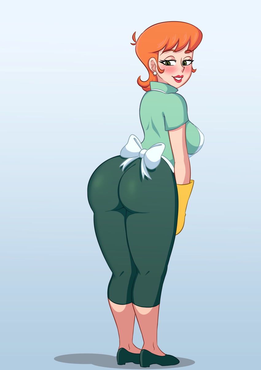 1girls apron ass big_ass big_lips blush bottomwear breasts cartoon_network clothing dexter's_laboratory dexter's_mom female female_only footwear fufan full_body green_eyes green_pants green_shirt huge_ass legs lips mature mature_female mature_woman milf more_at_source mother orange_hair pants red_lips red_lipstick round_ass shirt solo solo_female thick_ass thick_lips thick_thighs topwear white_apron wide_hips